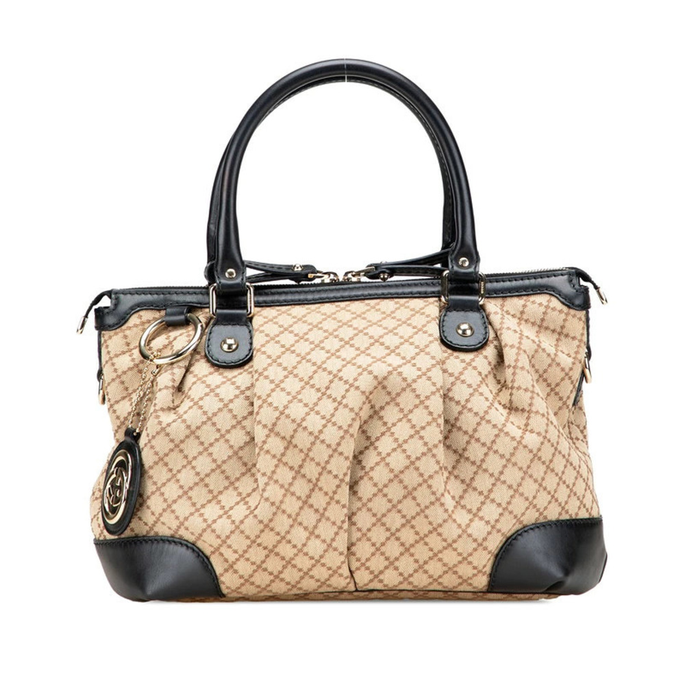 Gucci Diamante Sukey Handbag Beige Black Canvas Leather